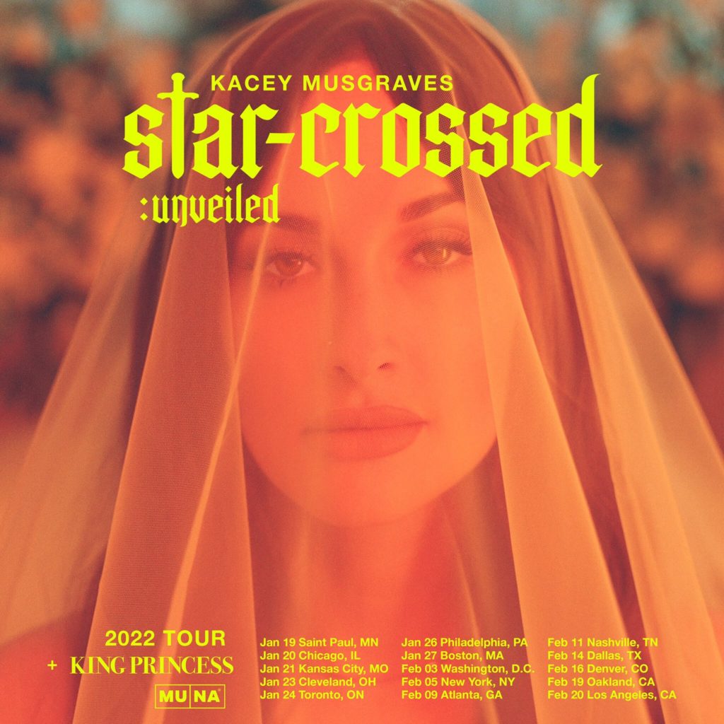 Kacey Musgraves' 2022 Star-Crossed: Unveiled tour ft KING PRINCESS and MUNA flyer