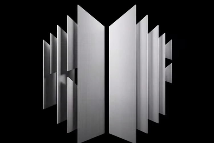Cover for BTS' album PROOF. Silver, geometric font spells PROOF on a solid black background, and the "o" letters are formed from the door symbols of BTS' logo.