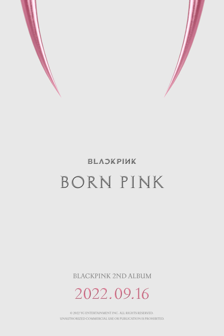 Cover for Korean girl group BLACKPINK's Second Studio Album, BORN PINK, silver title text over white background with pink accents