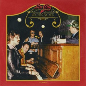 Album cover featuring a photo of band members hanging casually around a bar piano, framed in red and gold and sporting Sin City logo - Sin City in red with "y" stylized into a devil's tail.